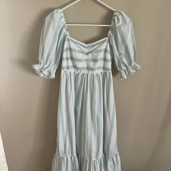 Abercrombie and Fitch Aqua and White Striped Ruffle Babydoll Maxi Dress XS - Picture 1 of 6